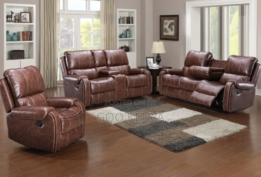 Home Sofa; 5-Seater Leather Family Recline Sofa With Cup Holder