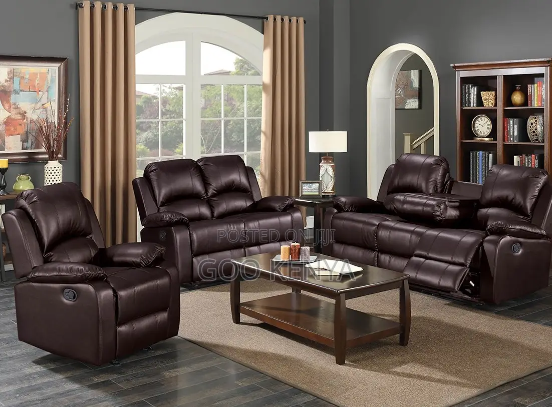 Home Sofa; 5-Seater Leather Family Recline Sofa With Cup Holder