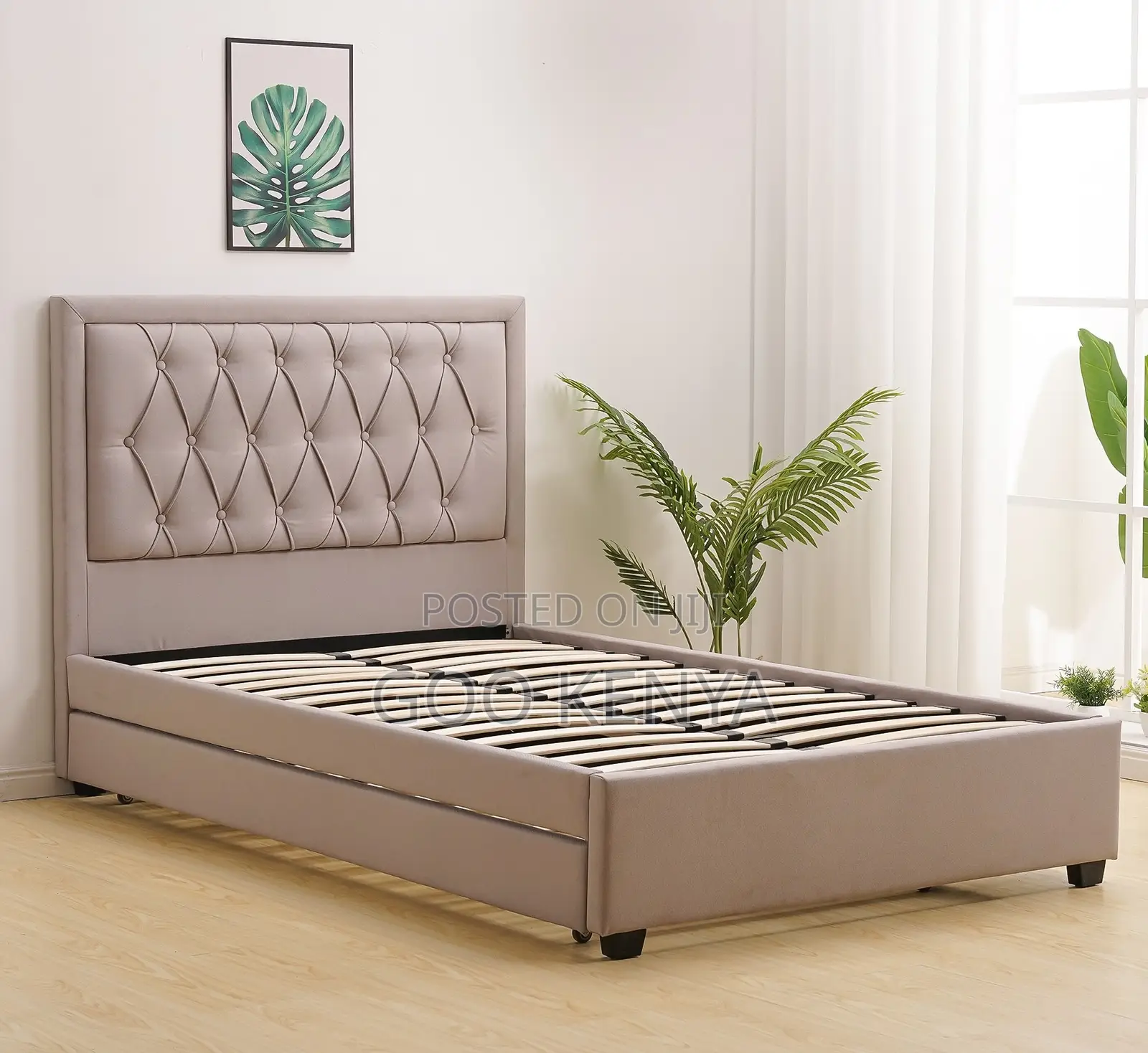 Home Bed; Modern Upholstered Bed Frame With Hidden Bottom Trundle