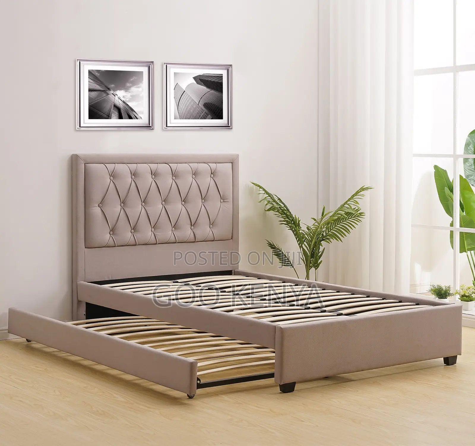 Home Bed; Modern Upholstered Bed Frame With Hidden Bottom Trundle