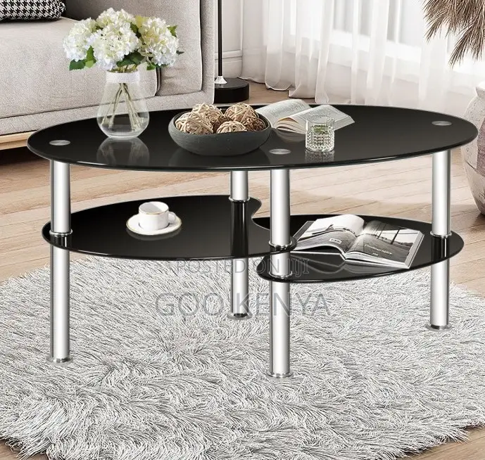Home Table; Oval Top Glass Coffee Table With Metallic Legs and a Layer