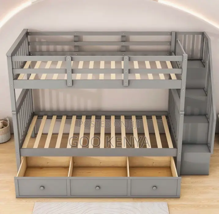 Home Bed; Children’S Twin Bunk Bed -Wood, Stairs, and Storage Drawers