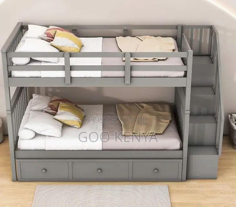Home Bed; Children’S Twin Bunk Bed -Wood, Stairs, and Storage Drawers