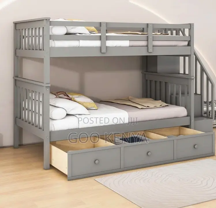 Home Bed; Children’S Twin Bunk Bed -Wood, Stairs, and Storage Drawers