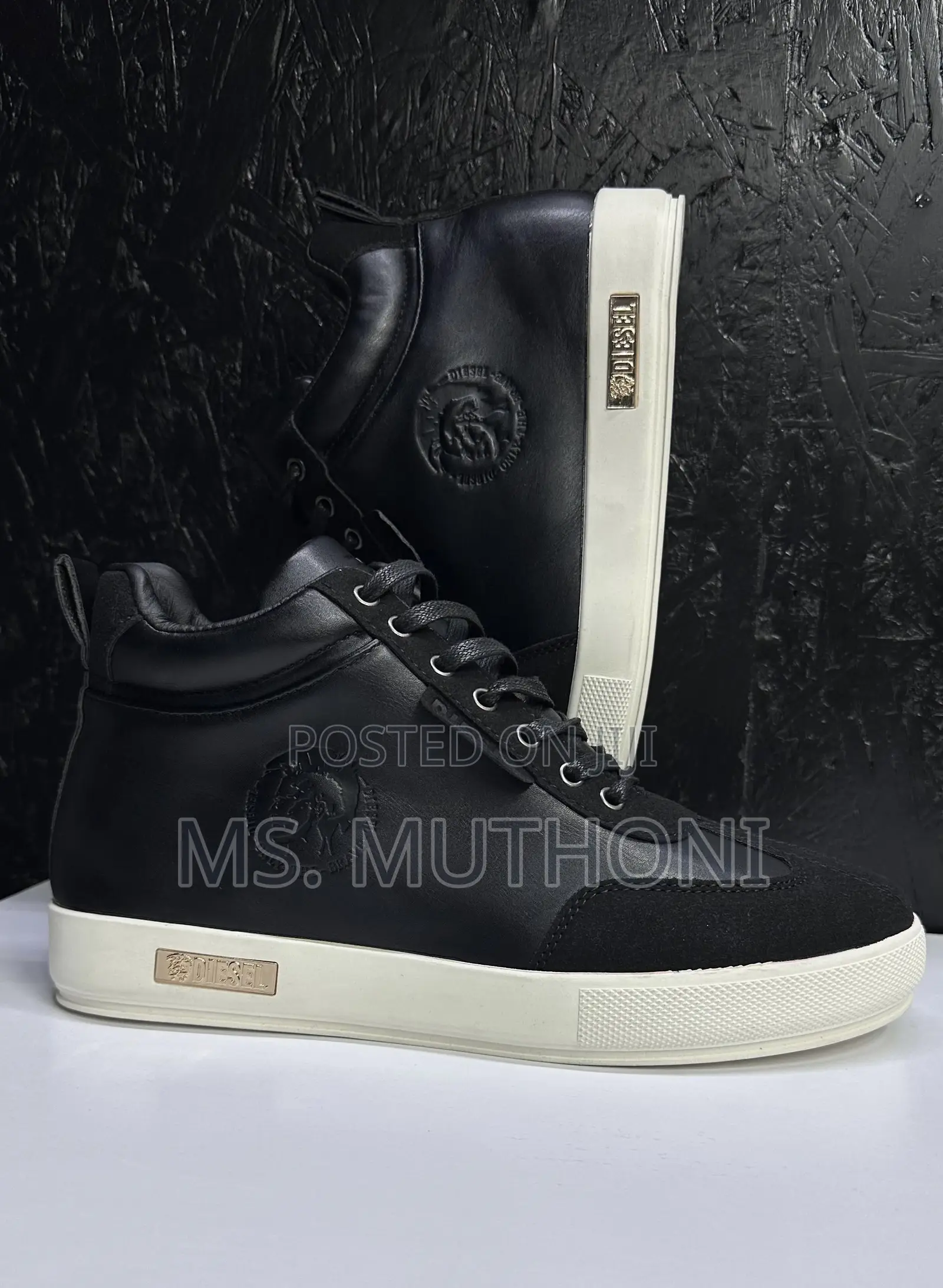Brown /Black Diesel High-Top Leather Sneakers With a White Sole