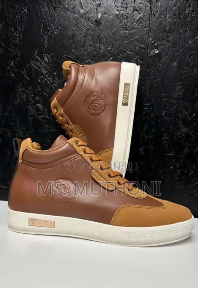Brown /Black Diesel High-Top Leather Sneakers With a White Sole