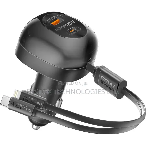 Promate 81w Car Charger With Usb-C Lightning Cables