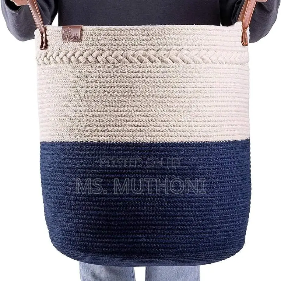Two-Tone Cotton Rope Storage / Laundry Basket H Faux Leather Handles
