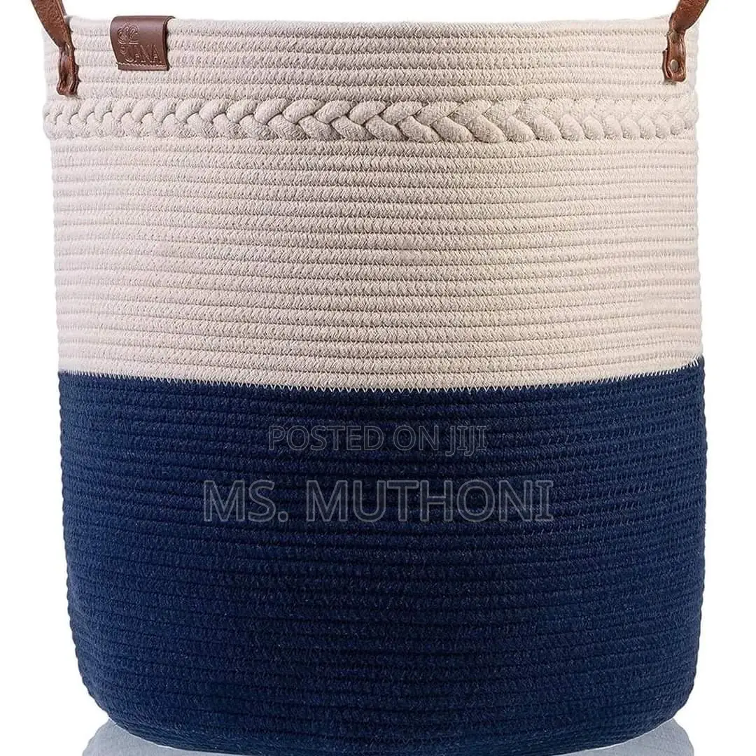 Two-Tone Cotton Rope Storage / Laundry Basket H Faux Leather Handles