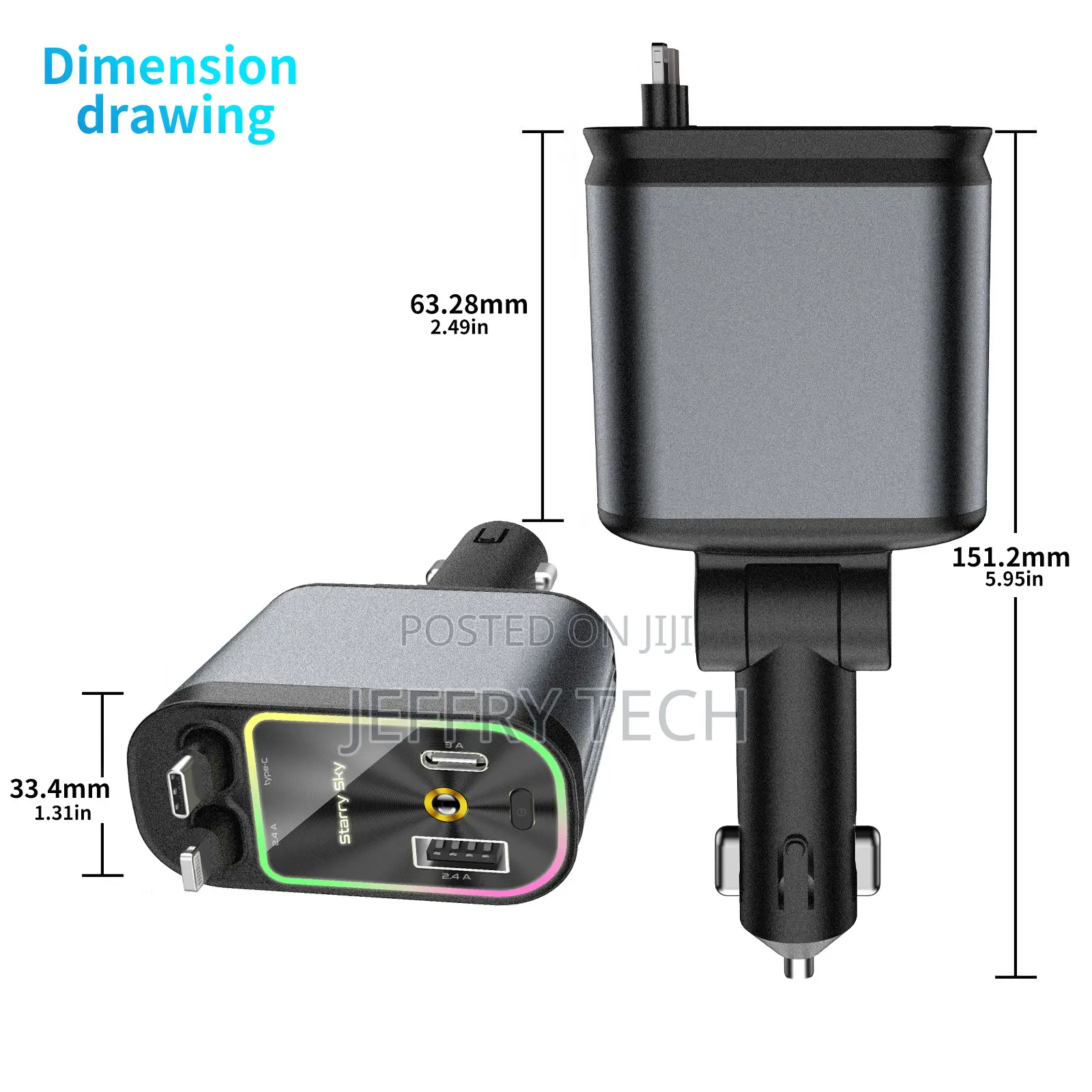 4-in-1 Car Charger With Dual Cables and Usb Adapter Fast Charging For