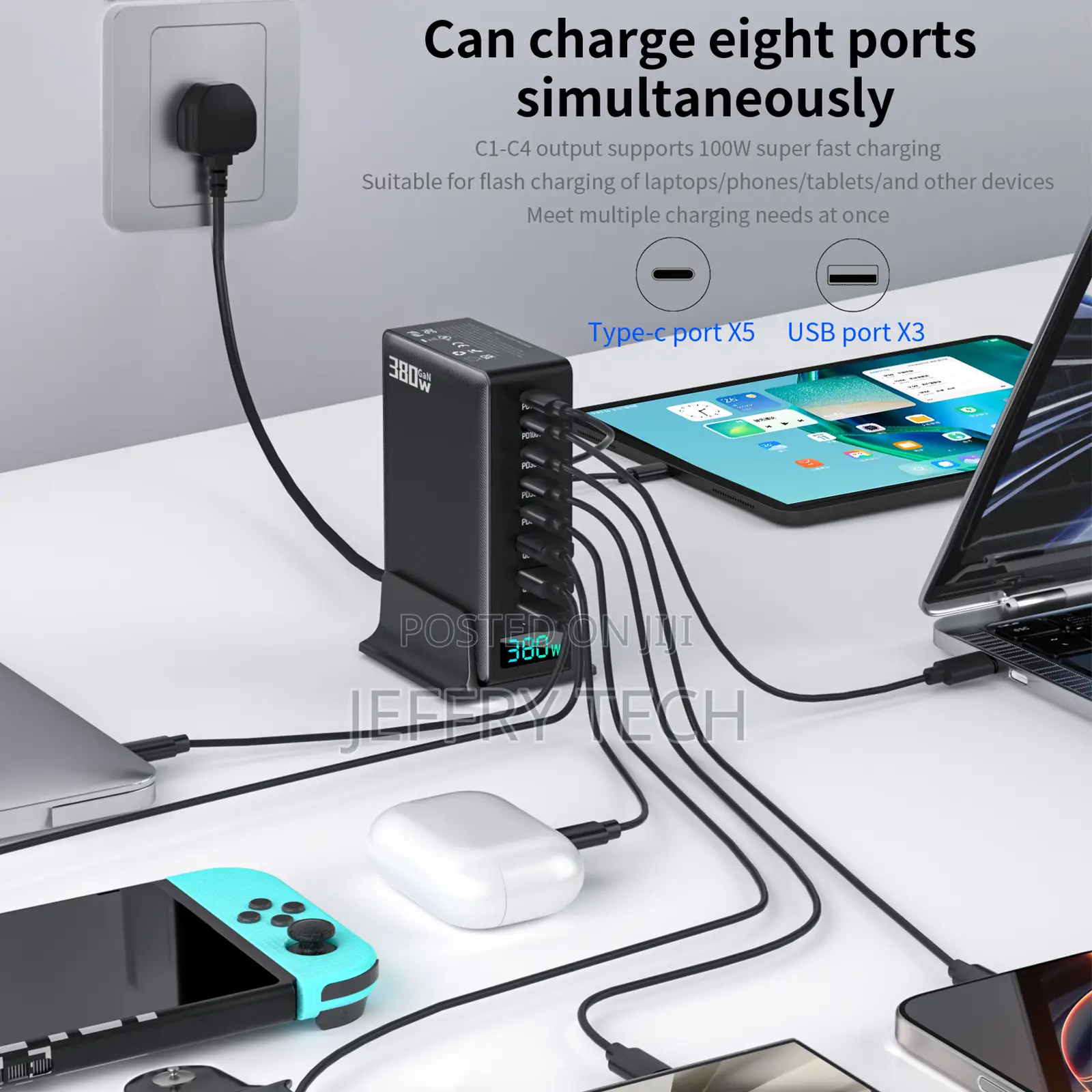380w Gan Multiport Electric Charger Station 5c+ 3a Type C Charger With
