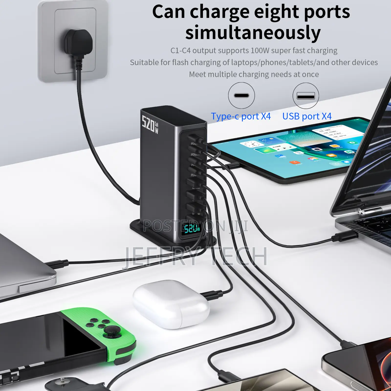 520w 8-Port Charger 4c4a Gan 100w Max Fast Charging Power Station With