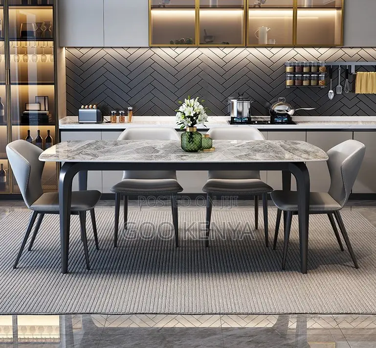 Home Dining Set; Modern 6 Seater Metal Marble Dining Set for Home
