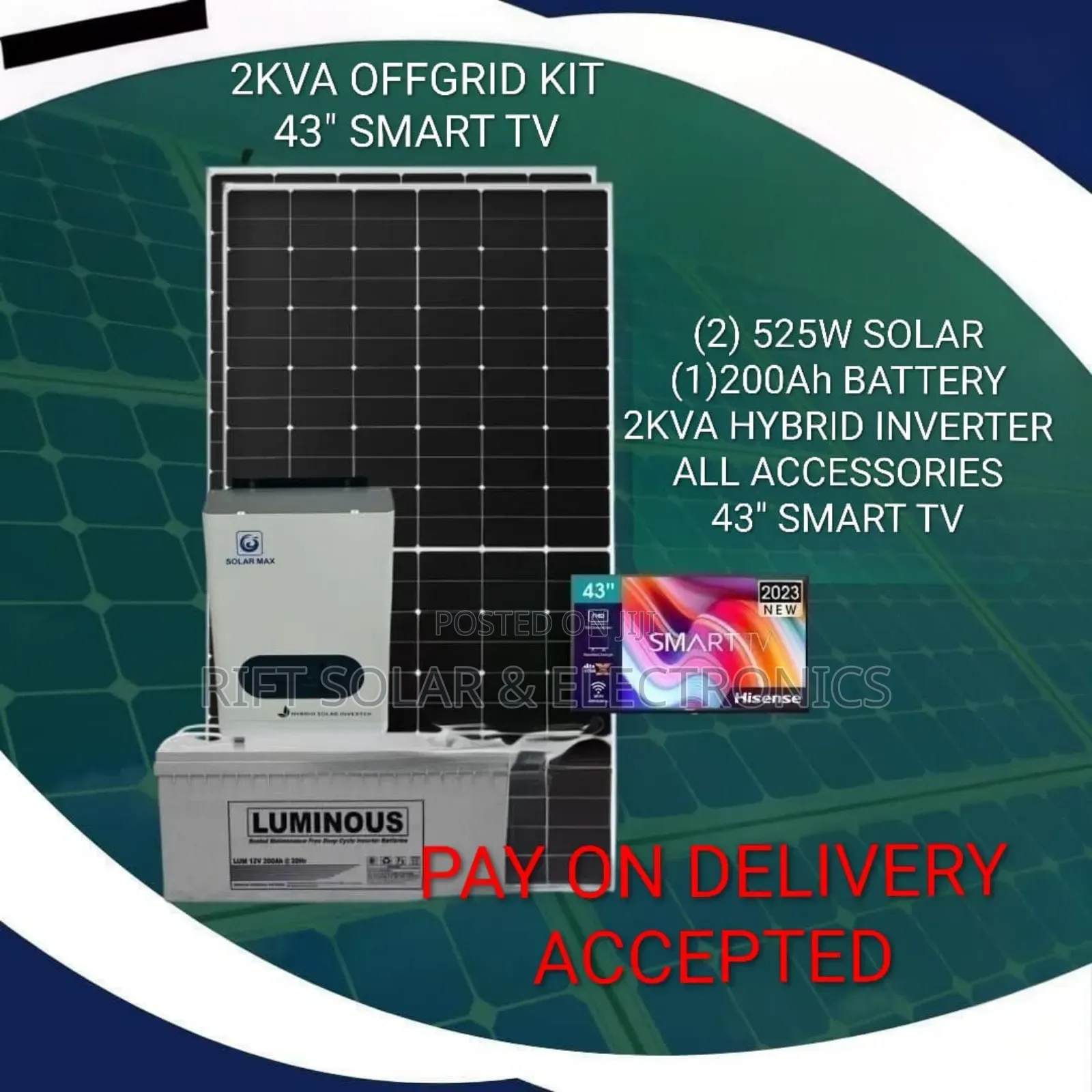 Set 2.0kva Solar Off-Grid(2)525w Solar(1)200ah Battery - 43" Smart Tv