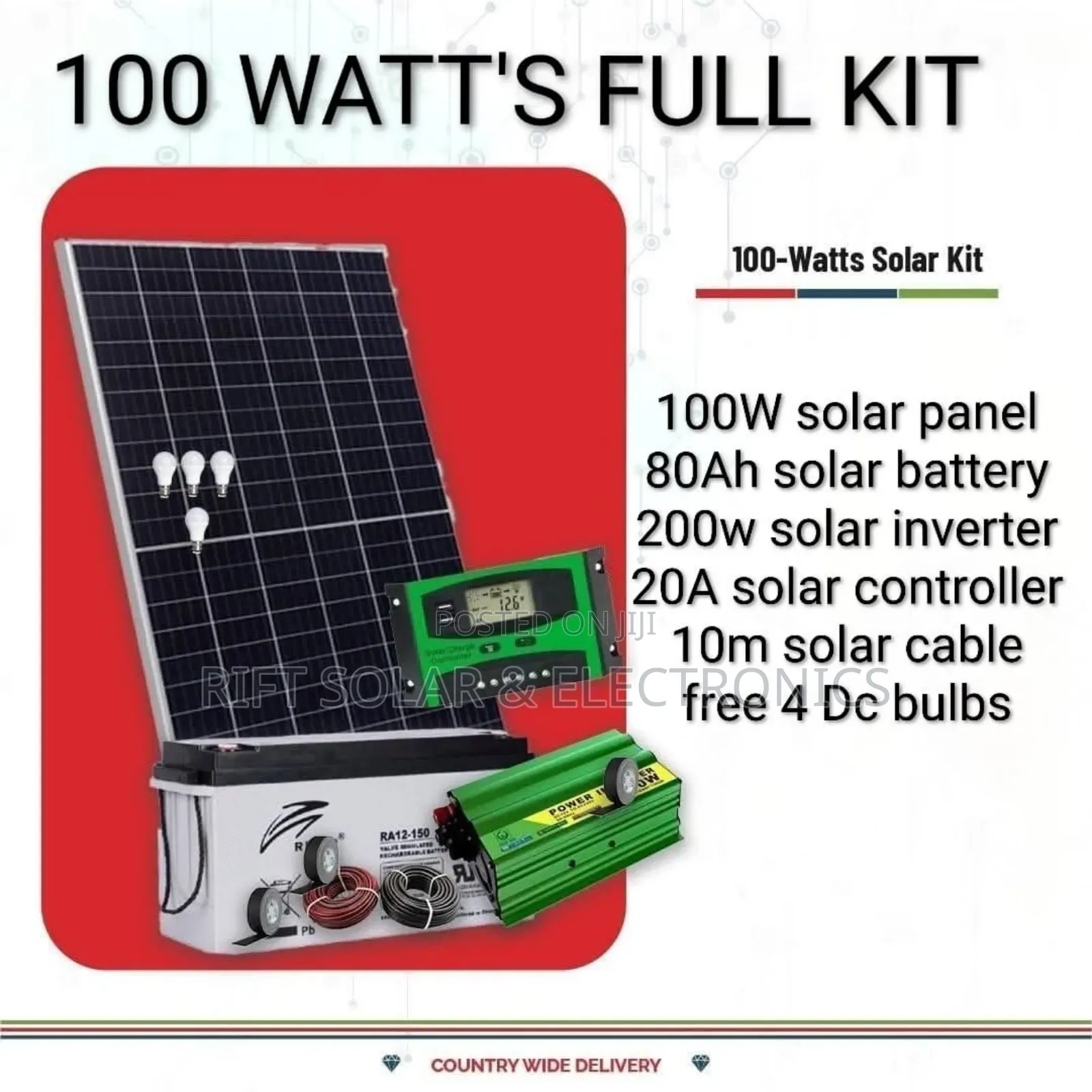 100 Watts Home Solar - 80a Gel Battery - 200w Inverter -10a Controller