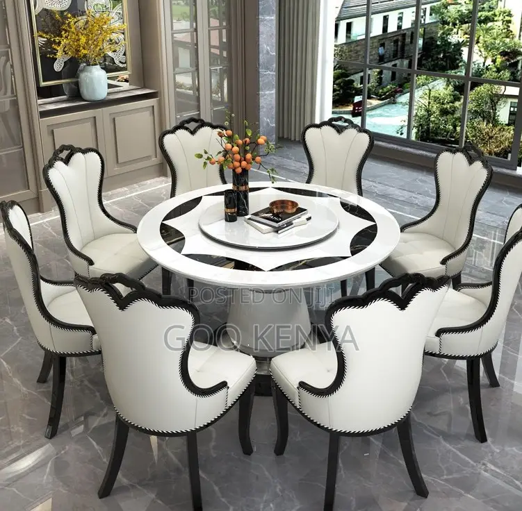 Home Dining Set; Premium Leather Dining Chair Set With Marble Table
