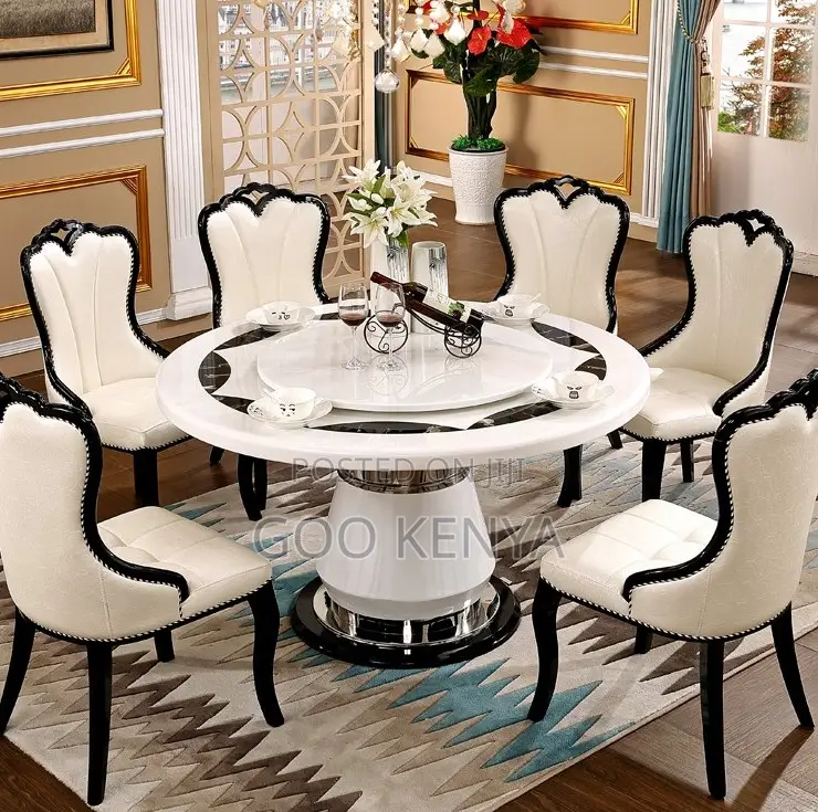 Home Dining Set; Premium Leather Dining Chair Set With Marble Table