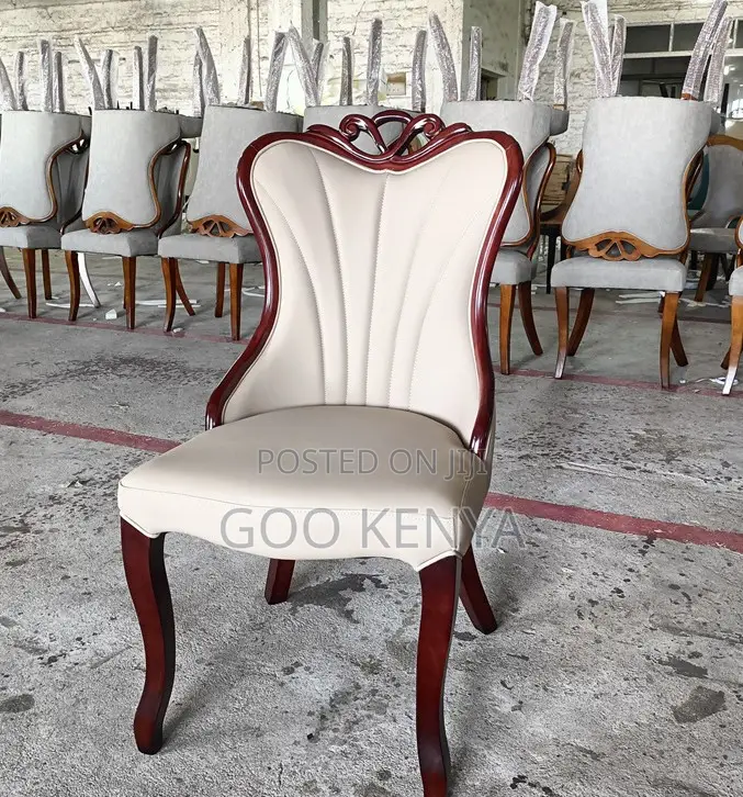 Home Chair; High Back Carved Leather Dining Chair With Wood Legs