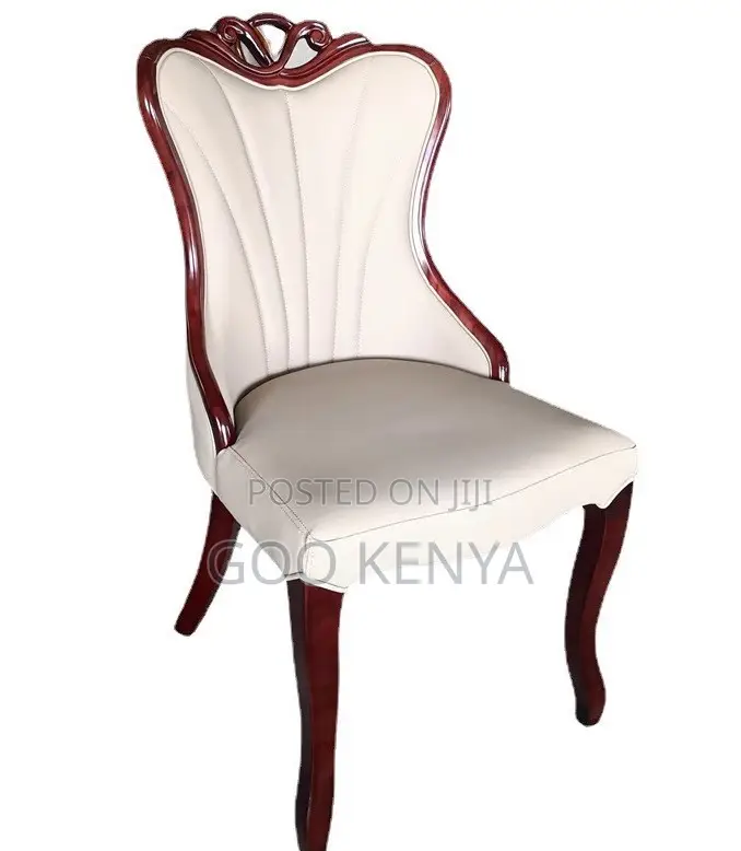 Home Chair; High Back Carved Leather Dining Chair With Wood Legs