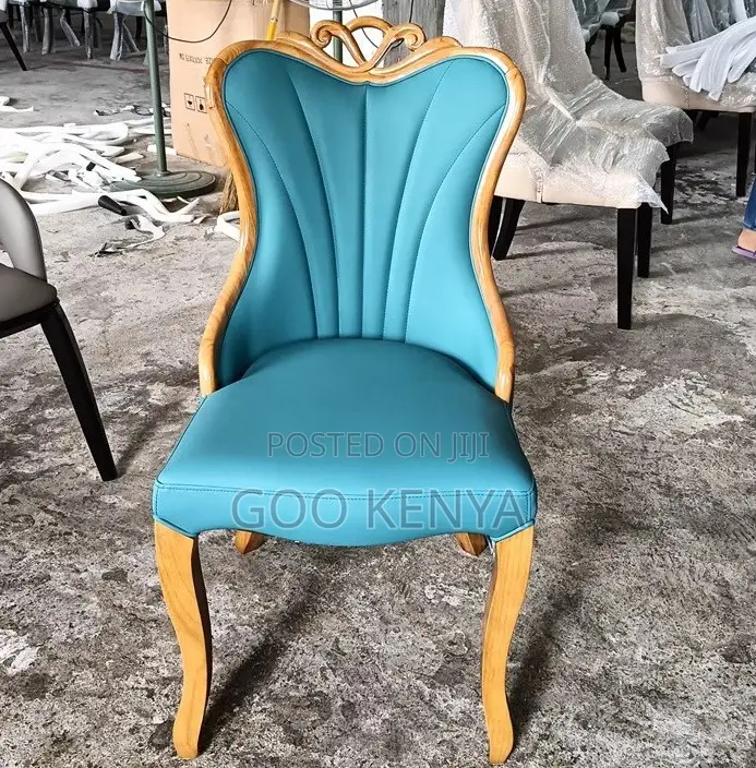Home Chair; High Back Carved Leather Dining Chair With Wood Legs
