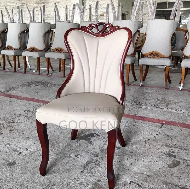 Home Chair; High Back Carved Leather Dining Chair With Wood Legs