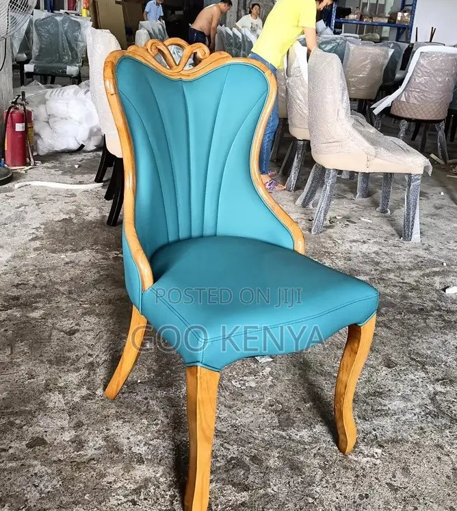 Home Chair; High Back Carved Leather Dining Chair With Wood Legs