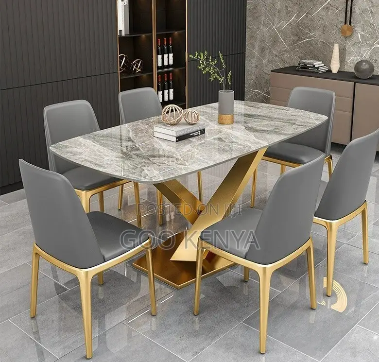 Home Dining Set; Elegant Marble Dining With Stainless Steel Gold Legs