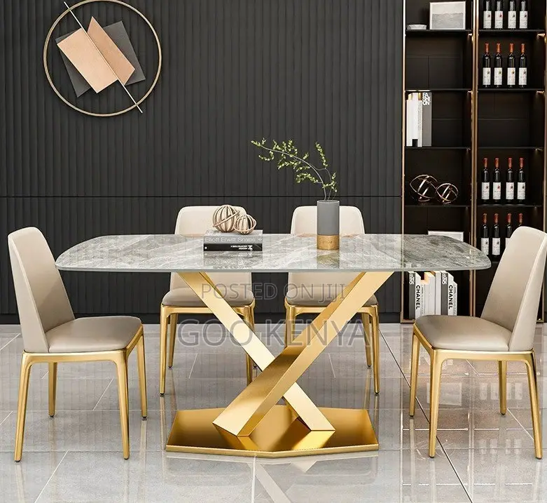 Home Dining Set; Elegant Marble Dining With Stainless Steel Gold Legs