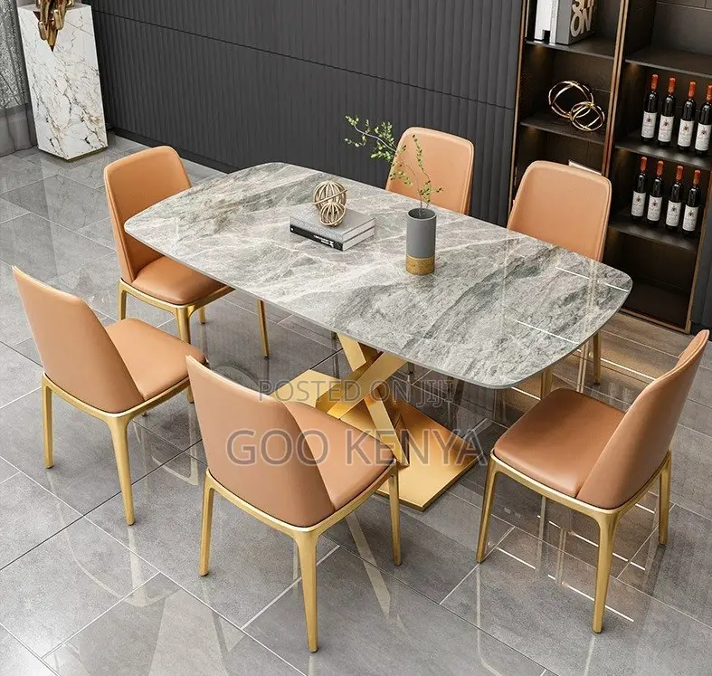 Home Dining Set; Elegant Marble Dining With Stainless Steel Gold Legs