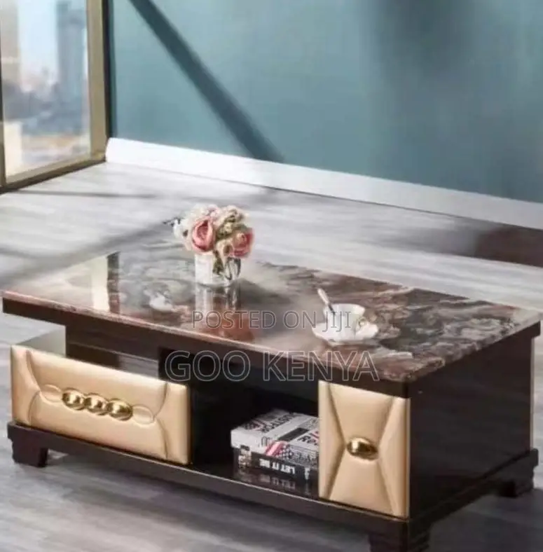 Home Table; Gold-Accented Marble Coffee Table With Storage Drawers