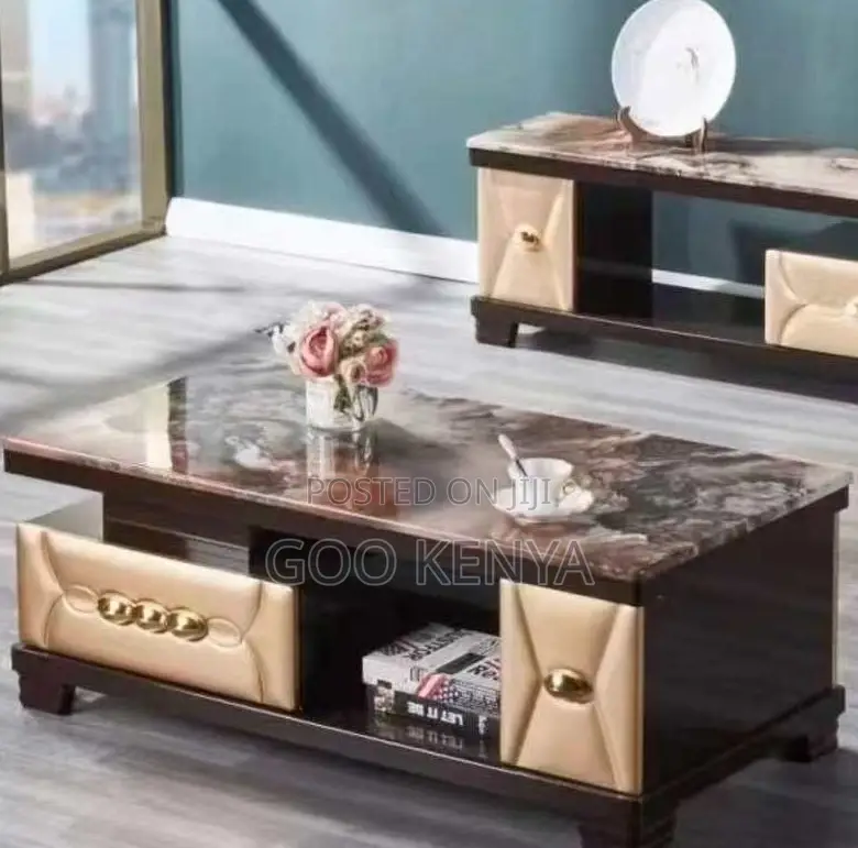 Home Table; Gold-Accented Marble Coffee Table With Storage Drawers