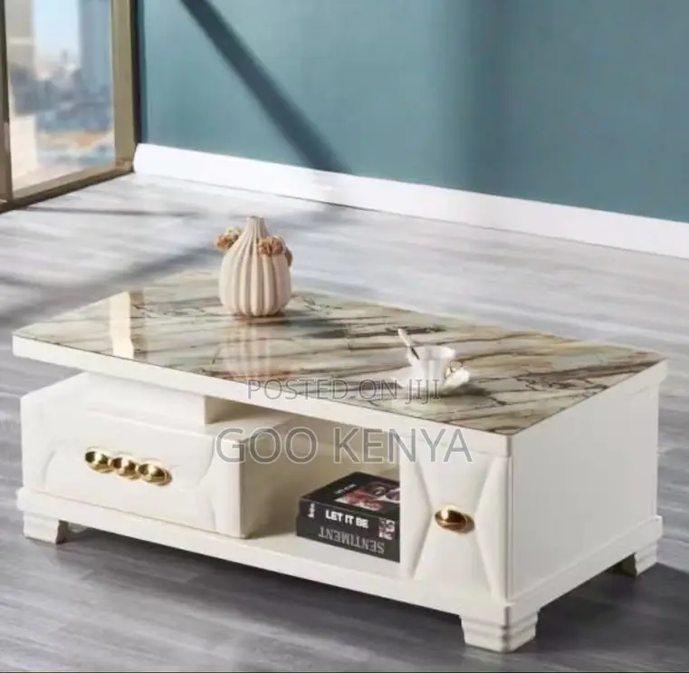 Home Table; Gold-Accented Marble Coffee Table With Storage Drawers