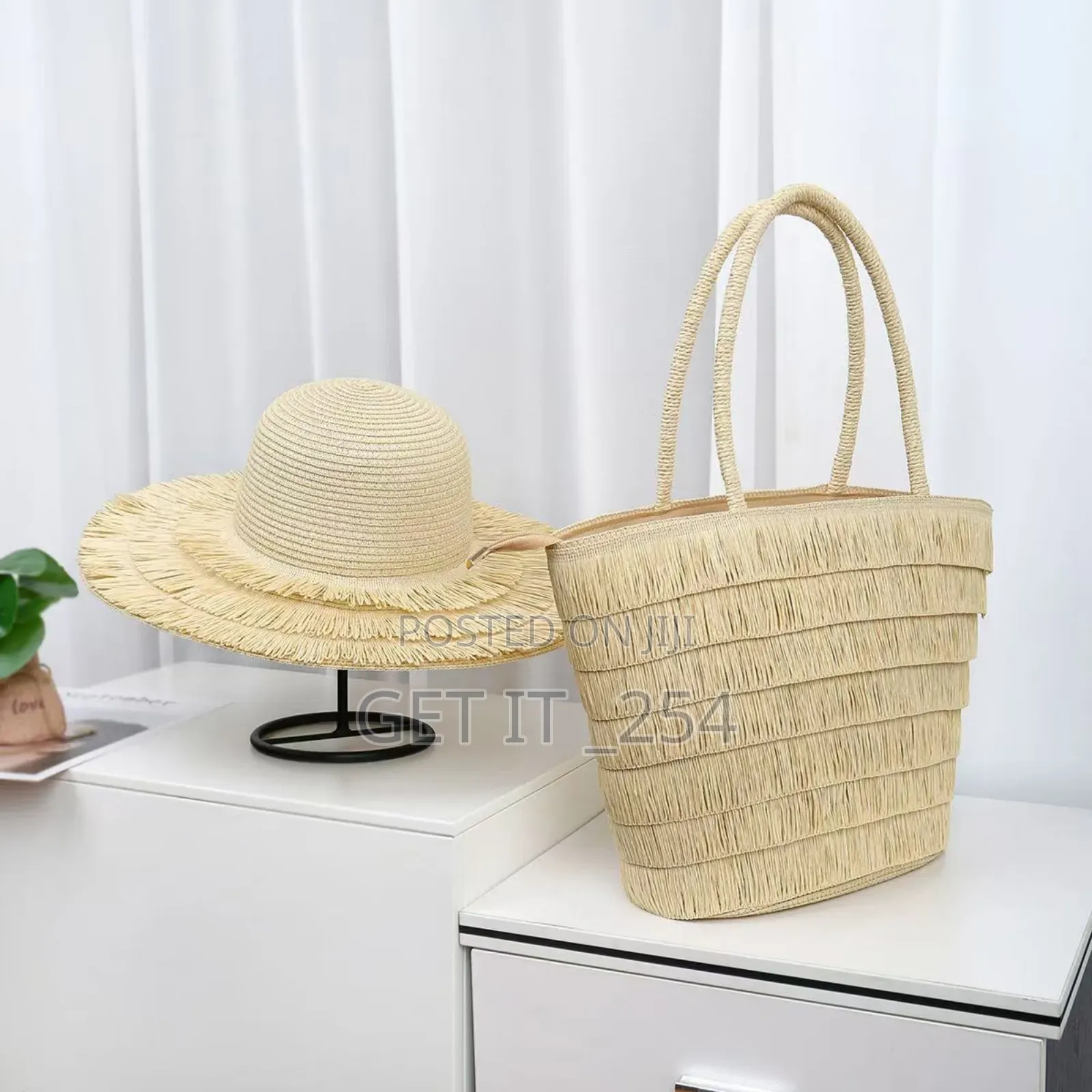  *Summer Straw Woven Beach Bag and Hat