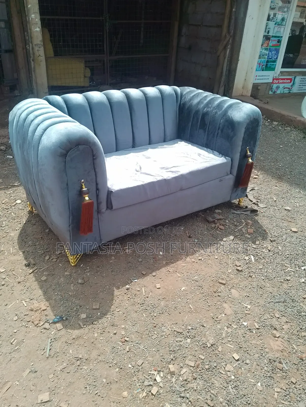 Grey Velvet 2-Seater Sofa With Gold Accents