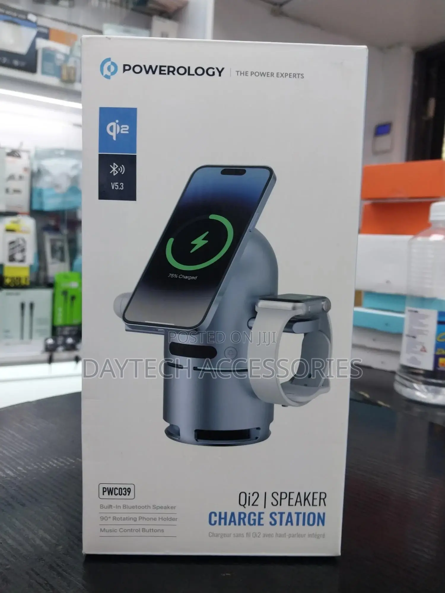Powerology Qi2 Wireless Charging Station With Bluetooth Speaker.