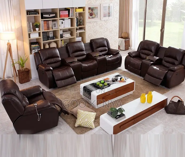 Home Sofa; 6-Person Eco Leather Motion Recliner With Storage Console