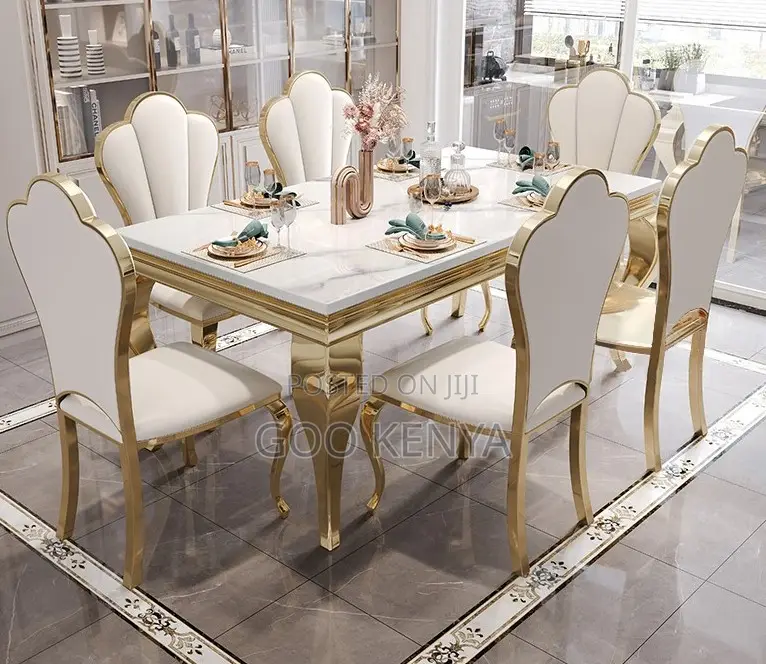 Home Dining Set; 6-Seat Modern Dining Set, Marble Surface Gold Base