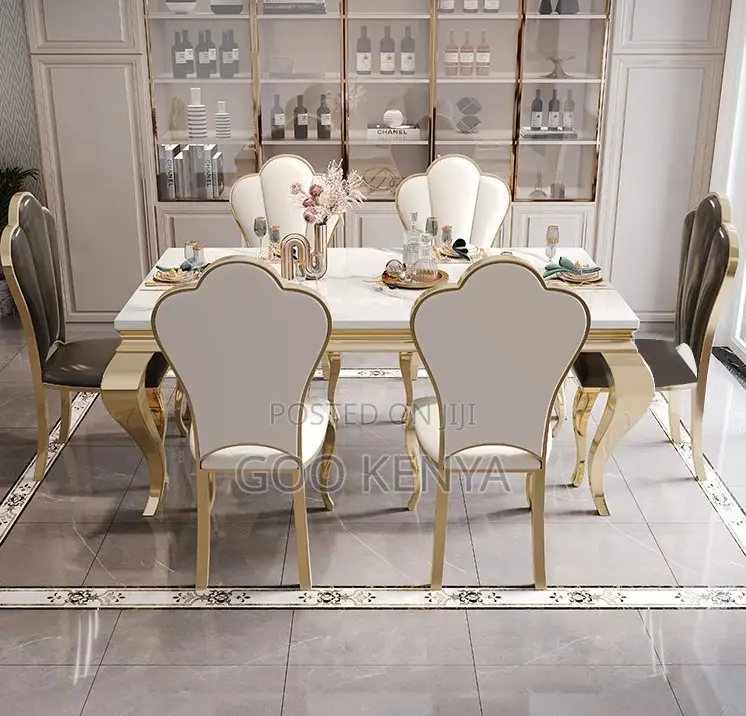 Home Dining Set; 6-Seat Modern Dining Set, Marble Surface Gold Base