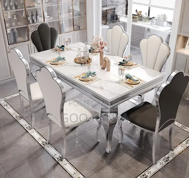 Home Dining Set; 6-Seat Modern Dining Set, Marble Surface Gold Base