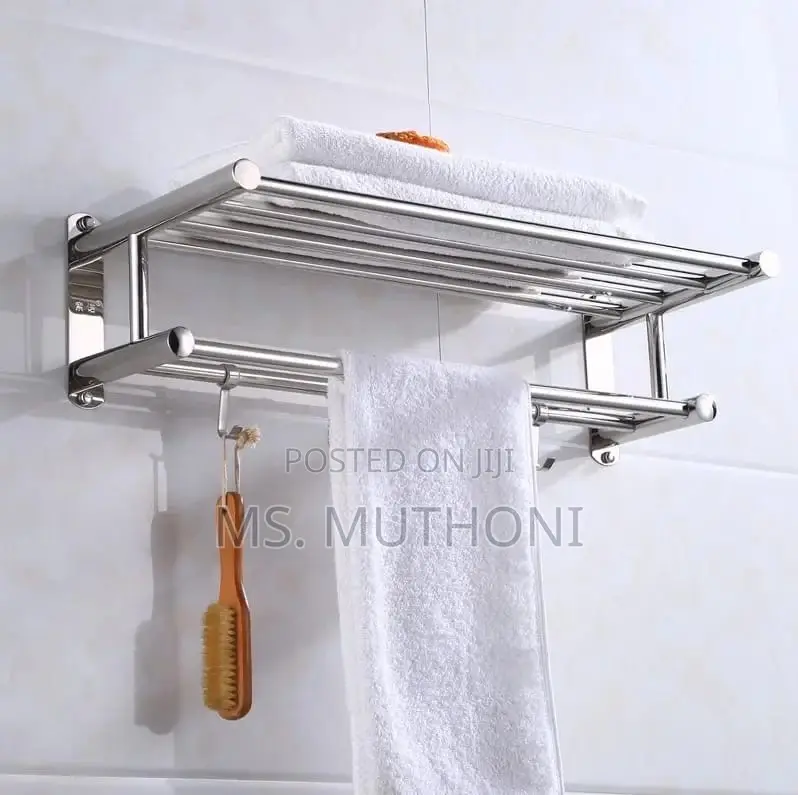 60cm Wall-Mounted,Double-Layer Stainlesssteel Towel Rack With Hooks.