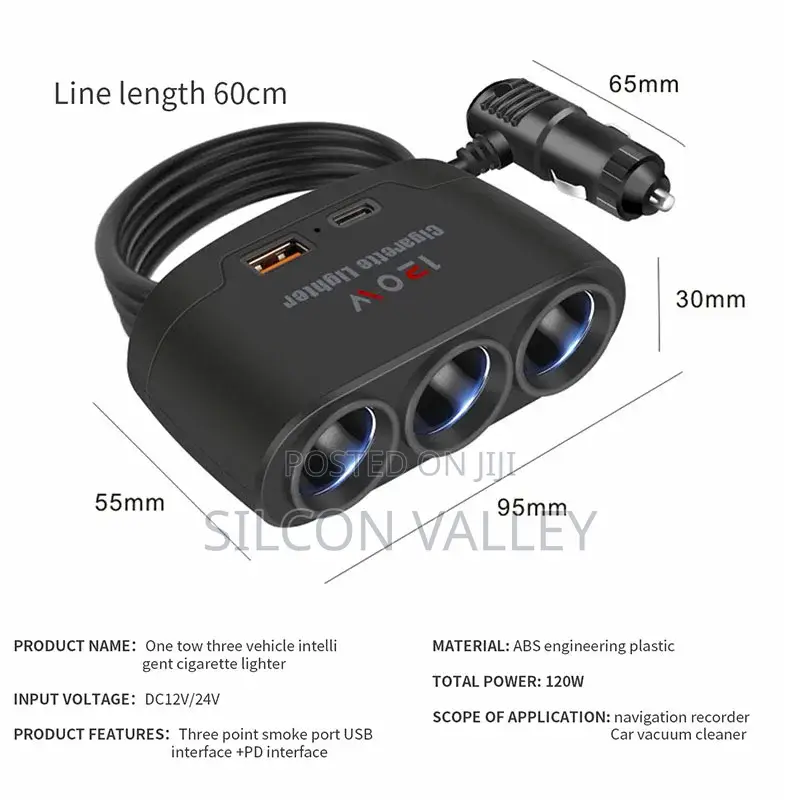 3-in-1 Dual Usb 120w Car Cigarette Lighter Splitter 12v