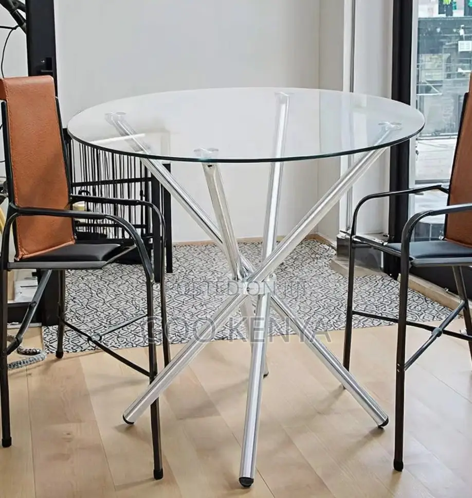 Home Table; Sleek Nordic Dining Table — Tempered Glass Top, Metal Base