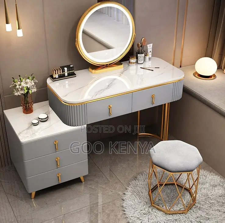 Home Dressing Table; Elegant Makeup Vanity — Wood Marble Countertop