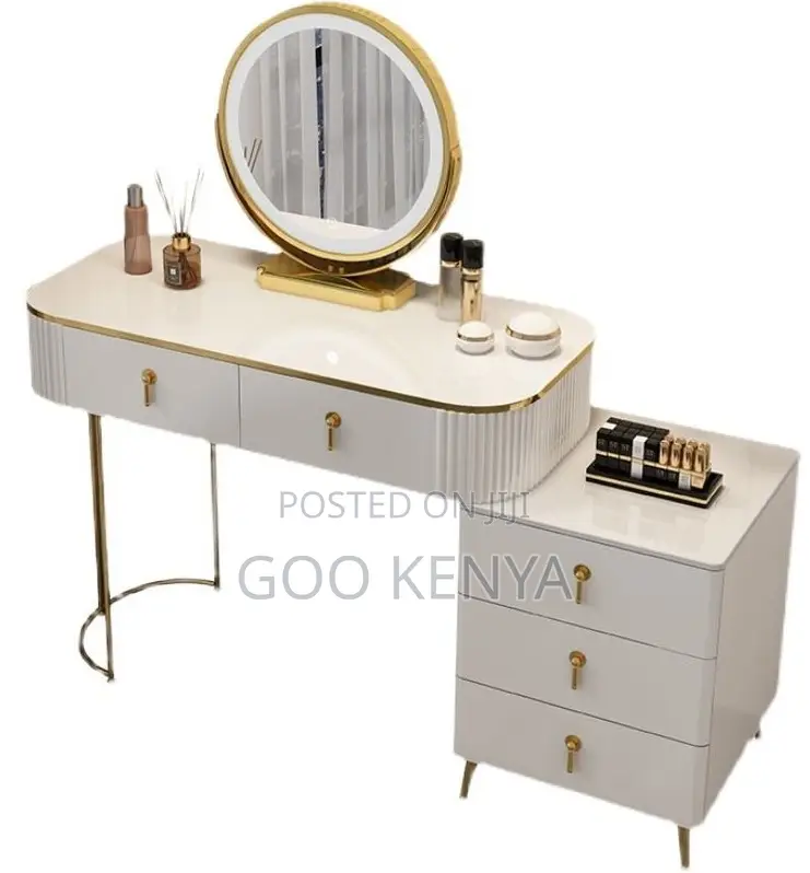 Home Dressing Table; Elegant Makeup Vanity — Wood Marble Countertop