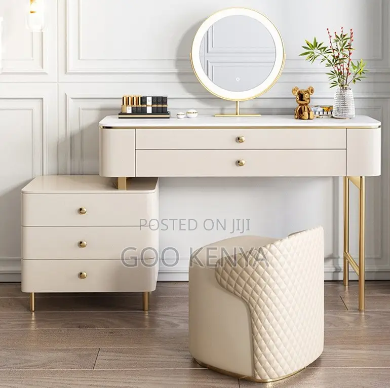 Home Dressing Table; Elegant Makeup Vanity — Wood Marble Countertop