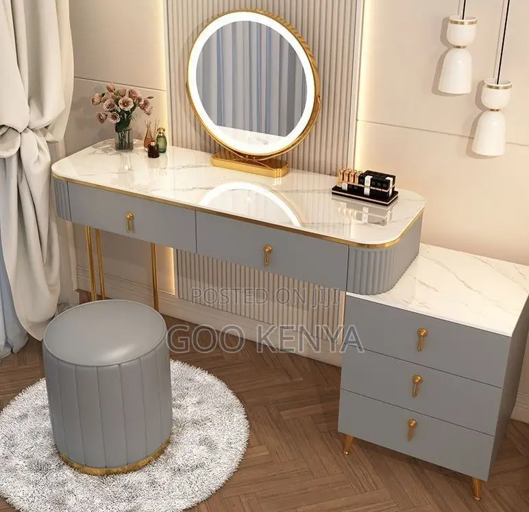 Home Dressing Table; Elegant Makeup Vanity — Wood Marble Countertop