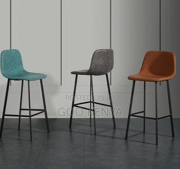 Home Stool; Modern Luxury Bar Stool — Brown Leather, Black Metal Base