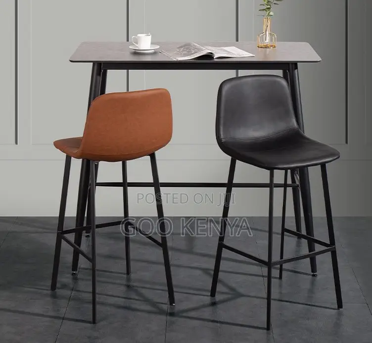 Home Stool; Modern Luxury Bar Stool — Brown Leather, Black Metal Base