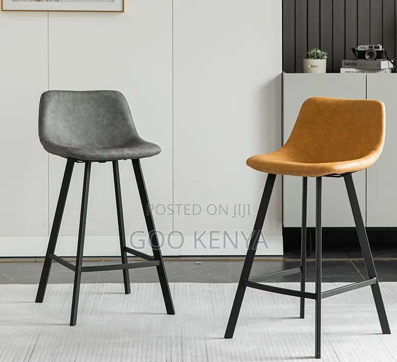 Home Stool; Modern Luxury Bar Stool — Brown Leather, Black Metal Base