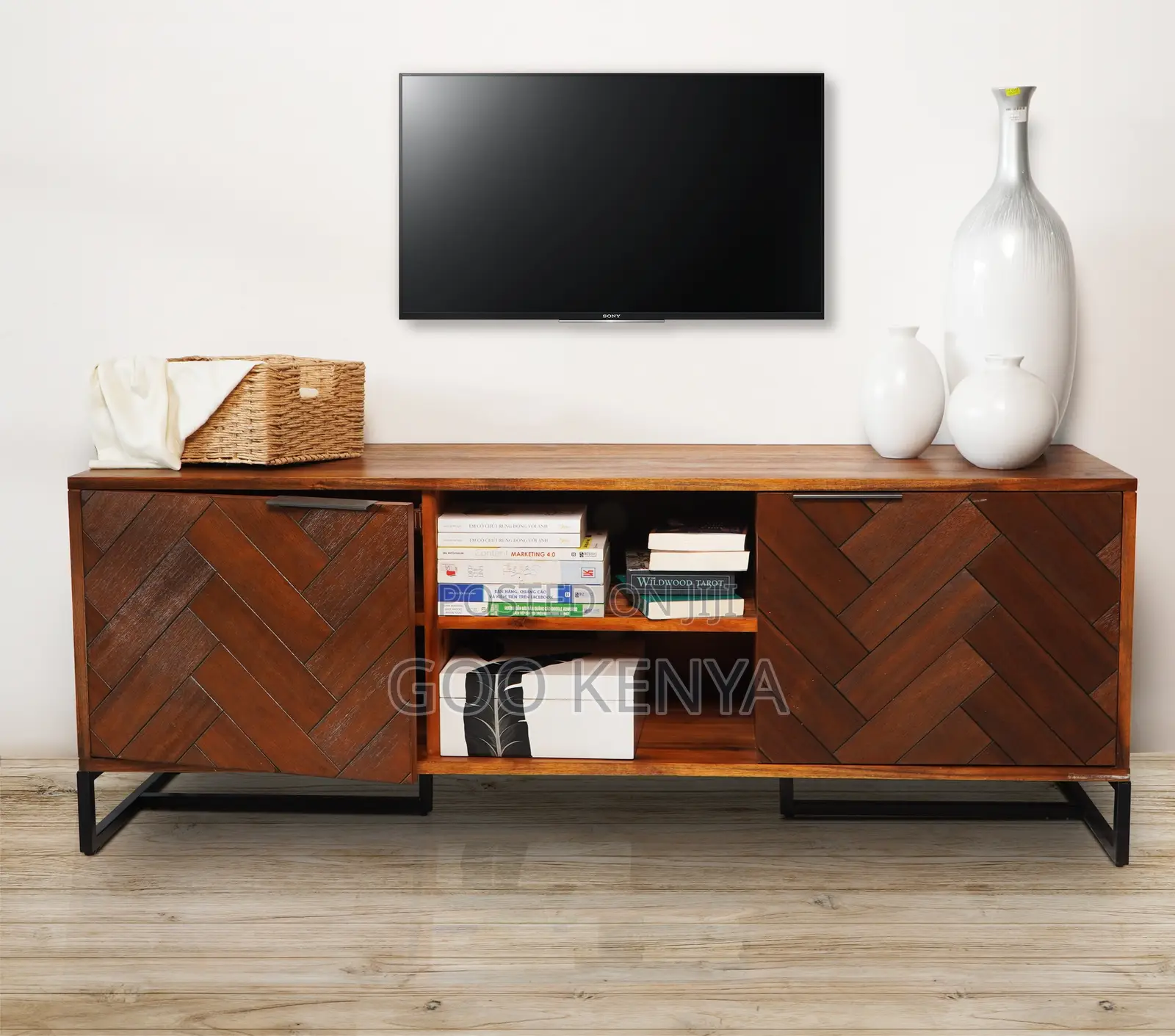 Home Tv Cabinet; Designer Entertainment Stand, Wood and Metal Base